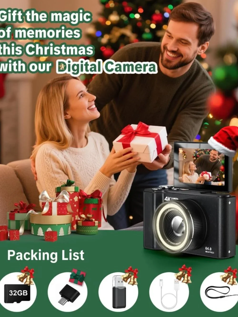 4K Digital Camera with 180° Flip Screen, 64MP Vlogging & Photography, 16X Zoom